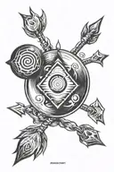 small calcifer flame, fine lines, vector geometric alchemy symbol, arrows, squares, all in black and white on white back tattoo design idea