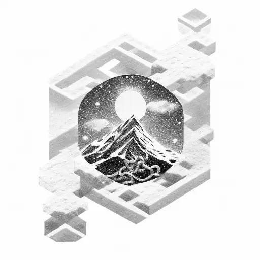 top of the snowy mountain, venus star, big sea waves, steel chains tattoo design idea