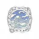 top of the snowy mountain, venus star, big sea waves, steel chains tattoo design idea