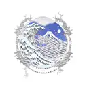 top of the snowy mountain, venus star, big sea waves, steel chains tattoo design idea