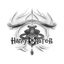 Iconic objects from the Harry Potter series (e.g., the Sorting Hat, Elder Wand) tattoo design idea