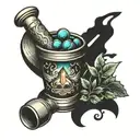 night, street,flashlight, pharmacy mortar and pestle tattoo design idea