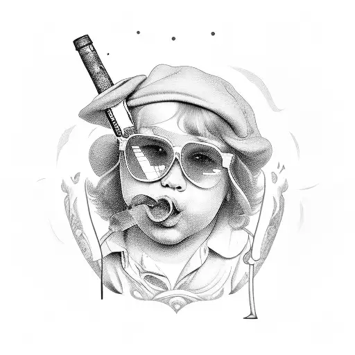 cherub drinking wine and wearing sunglasses  tattoo design idea