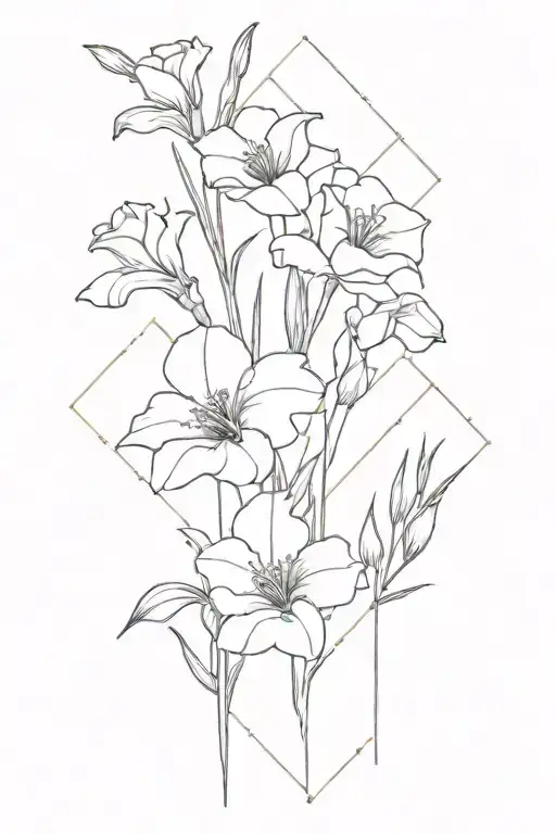 A minimalist design of primrose, violet, poppy, and gladiolus flowers arranged in a geometric pattern tattoo design idea