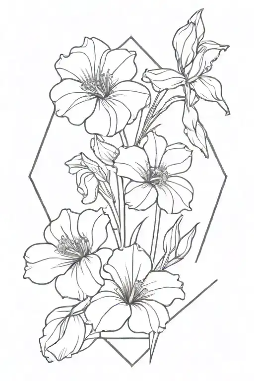 A minimalist design of primrose, violet, poppy, and gladiolus flowers arranged in a geometric pattern tattoo design idea