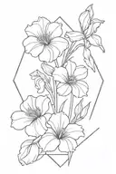 A minimalist design of primrose, violet, poppy, and gladiolus flowers arranged in a geometric pattern tattoo design idea