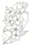A minimalist design of primrose, violet, poppy, and gladiolus flowers arranged in a geometric pattern tattoo design idea
