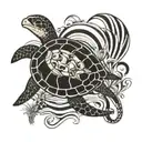 to a sensitive heart that represents the deep feelings of a person] [On a background of black and white stripes, various elements from nature appear: a sea turtle, a dolphin, tattoo design idea