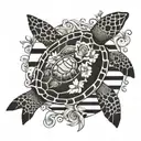 to a sensitive heart that represents the deep feelings of a person] [On a background of black and white stripes, various elements from nature appear: a sea turtle, a dolphin, tattoo design idea