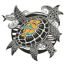 to a sensitive heart that represents the deep feelings of a person] [On a background of black and white stripes, various elements from nature appear: a sea turtle, a dolphin, tattoo design idea
