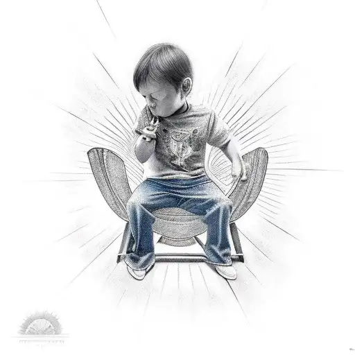 a child sitting on a chair facing the sun waiting for his mom tattoo design idea