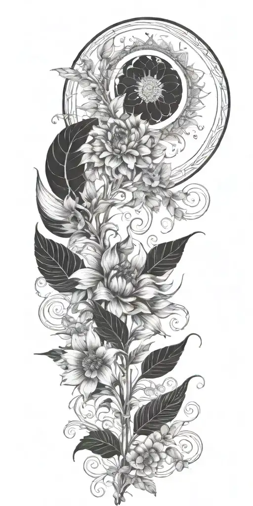 moon sun plants feather tattoo design idea