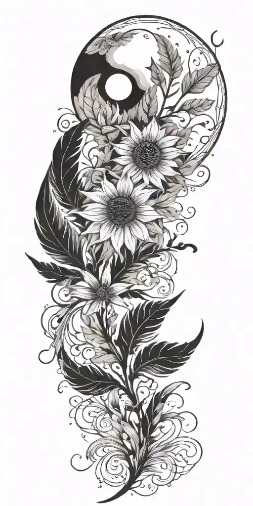 moon sun plants feather tattoo design idea