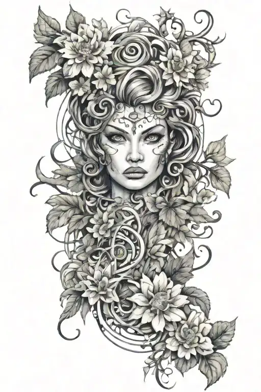 Tattooed Angry Vi from Arcane as Medusa surrounded by various wildflowers and crysals and an ambigram VENOM/WOMEN  tattoo design idea