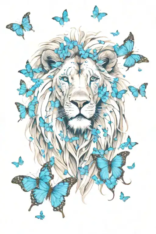blue eyed lion surrounded by blue butterflies fluttering tattoo design idea