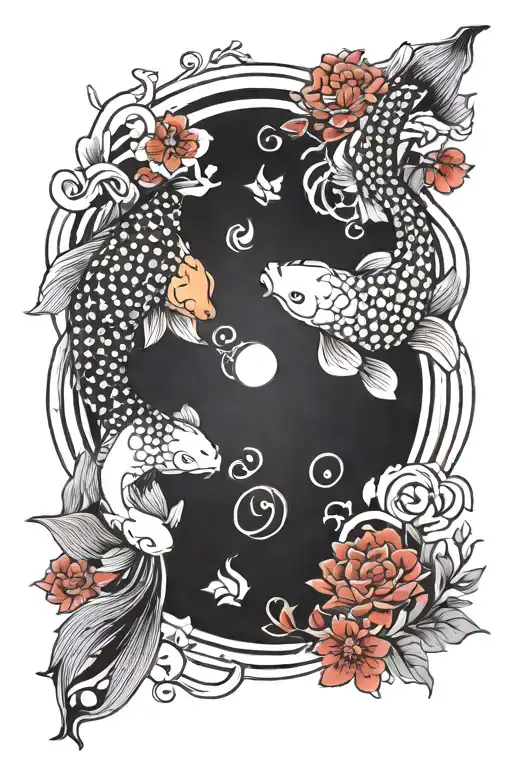 koi fish yin yang with red flowers surrounding them tattoo design idea