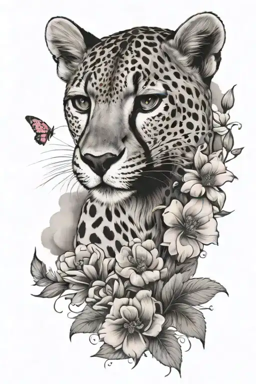 cheetah surrounded by clouds and blooming flowers and pink butterflies tattoo design idea