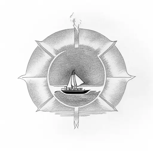 A boat sailing towards a setting sun with a trail of cigar smoke tattoo design idea