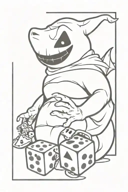 baby oogie boogie, black and white, holding a set of dice with a 1 and 3 number on them tattoo design idea