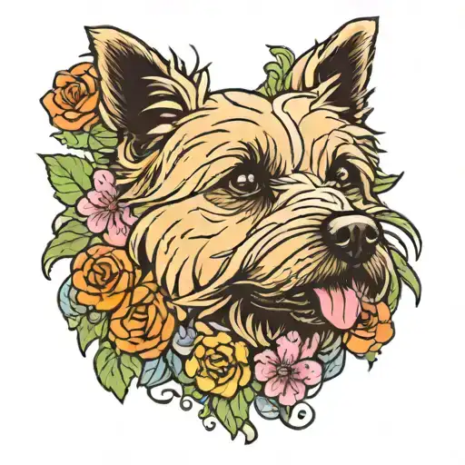 cairn terrier happy face surrounded by flowers growing tattoo design idea