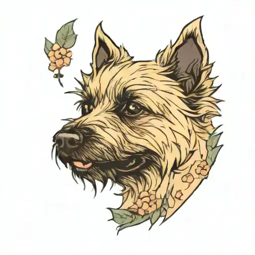 cairn terrier happy face surrounded by nature scene tattoo design idea