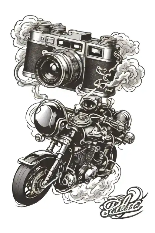 A detailed tattoo of a camera shutter releasing motorcycle exhaust fumes, blending the client's interests in photography and motorcycles tattoo design idea
