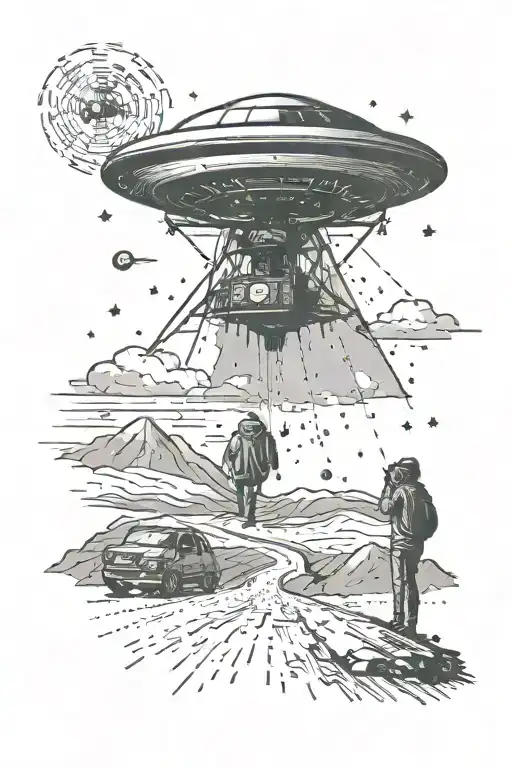 An otherworldly UFO abduction scene on a deserted road, with the photographer capturing the event through their camera lens tattoo design idea