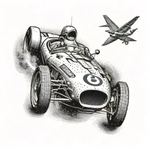 Incorporate symbols of The Royal Air Force with a dotwork design of a sleek sports car speeding down a track tattoo design idea