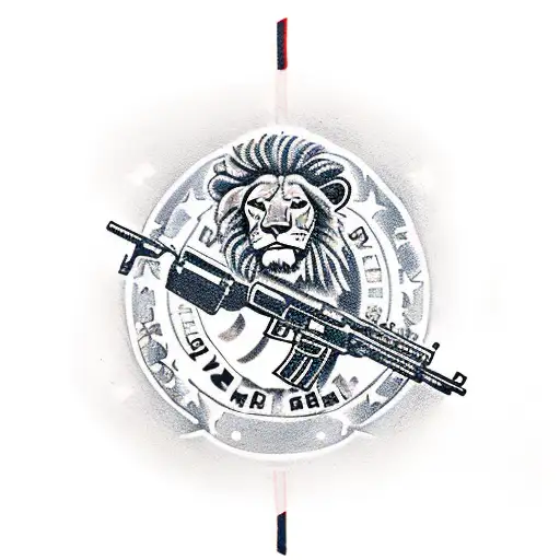 Gun m16 with Israeli flag on a dancing floor and a lion cub and the date 11.07.23 tattoo design idea