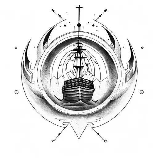Design a tattoo with a burning ship as the centerpiece, symbolizing Cortés' legendary decision to burn his ships during  tattoo design idea
