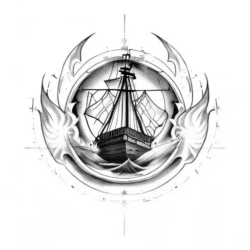 Design a tattoo with a burning ship as the centerpiece, symbolizing Cortés' legendary decision to burn his ships during  tattoo design idea