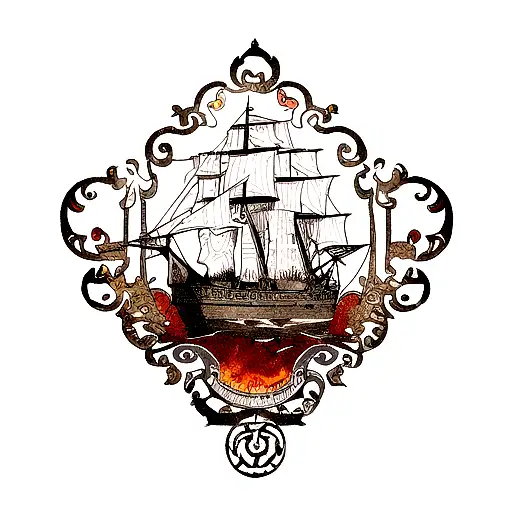 Design a tattoo with a burning ship as the centerpiece, symbolizing Cortés' legendary decision to burn his ships during  tattoo design idea