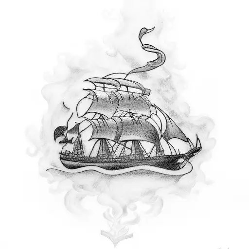 Design a tattoo with a burning ship as the centerpiece, symbolizing Cortés' legendary decision to burn his ships during  tattoo design idea