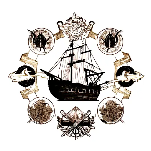 Design a tattoo with a burning ship as the centerpiece, symbolizing Cortés' legendary decision to burn his ships during  tattoo design idea
