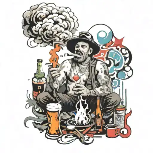 smoking around campfire drinking beers tattoo design idea
