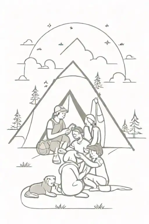 camping with 2 sons, wife and a dog sitting tattoo design idea