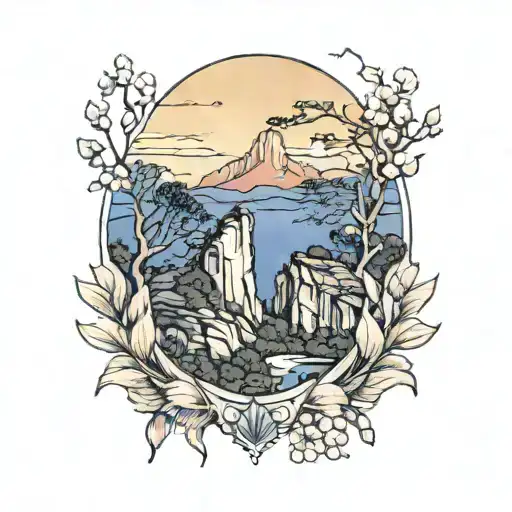 three sisters at blue mountains with a australian flag and a sunset  tattoo design idea