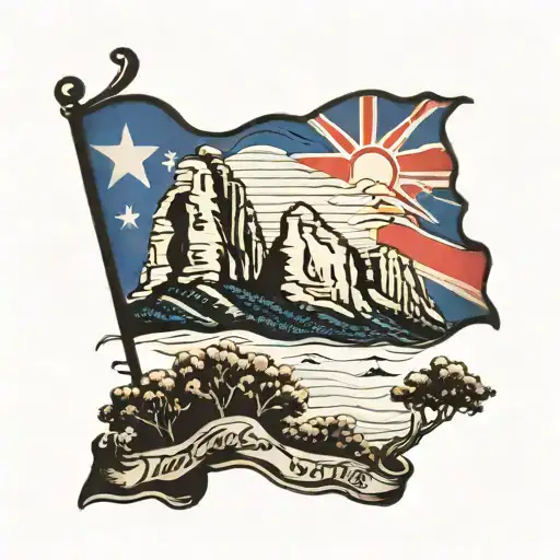 three sisters at blue mountains with a australian flag and a sunset  tattoo design idea