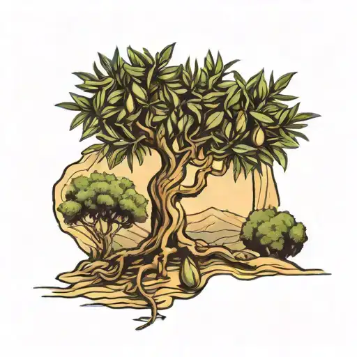 The olive tree, which indicates patience and contentment, extends roots connected to the veins of the hand tattoo design idea
