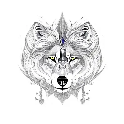 An abstract representation of a wolf, lion, and dragon combined into a single majestic creature tattoo design idea