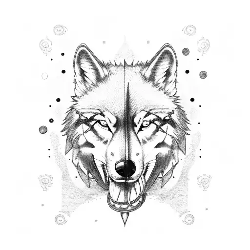 Pirate captain with a wolf companion in dotwork style tattoo design idea