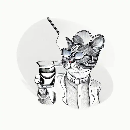 A cat wearing sunglasses and holding a cocktail, representing your love for bar hopping and spending time with friends tattoo design idea