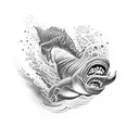 A blackwork tattoo of a swimmer diving into a pool with a supernatural creature lurking beneath tattoo design idea