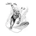 A blackwork tattoo of a swimmer diving into a pool with a supernatural creature lurking beneath tattoo design idea
