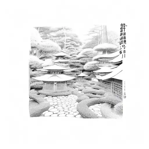 A trail of paw prints leading to a hidden Japanese garden tattoo design idea