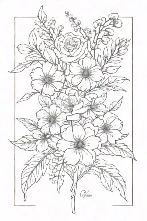 birth flower bouquet, January, march, April, May and December  tattoo design idea