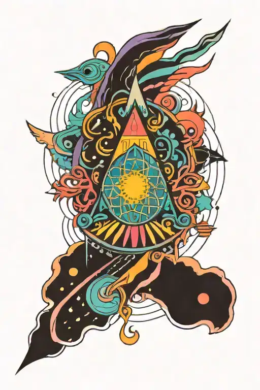 A psychedelic tattoo design inspired by Tame Impala's music, incorporating vibrant colors and abstract shapes tattoo design idea