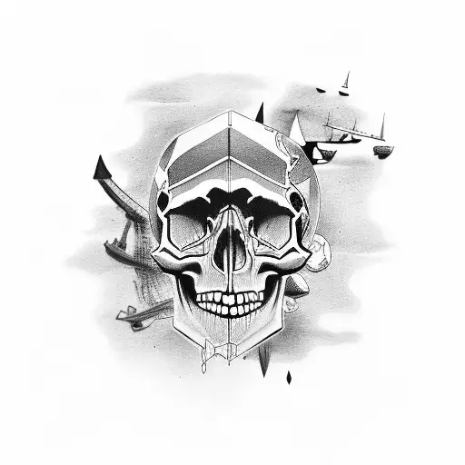 Skull on a cruise ship tattoo design idea