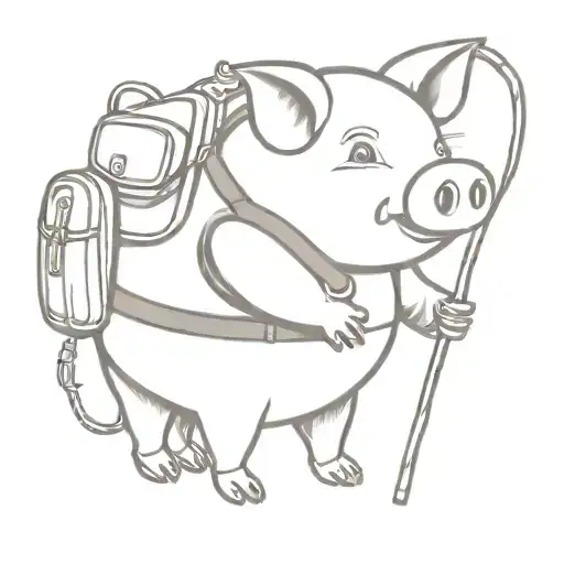 MINIMALISTE CUTE PIG WITH A WALKING STICK AND A BACKPACK tattoo design idea
