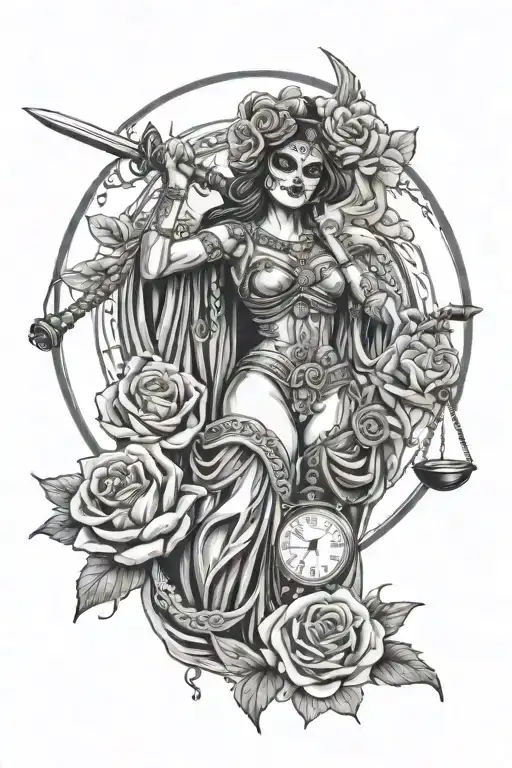 blindfolded lady justice holding scales and sword like day of the dead, with koi fish swimming, a compass, roses tattoo design idea
